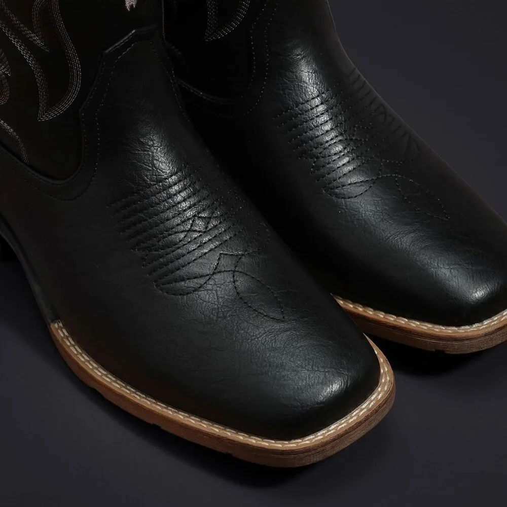 Men's Black Western Boots Slip Resistant Country Boot Retro Classic Embroidered